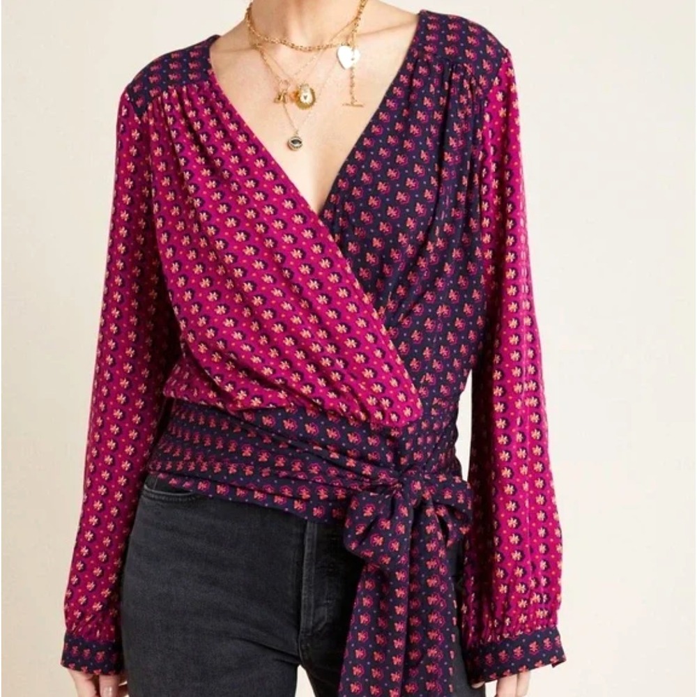 Anthropologie Wrap Blouse in Magenta and Navy - Picture 5 of 12